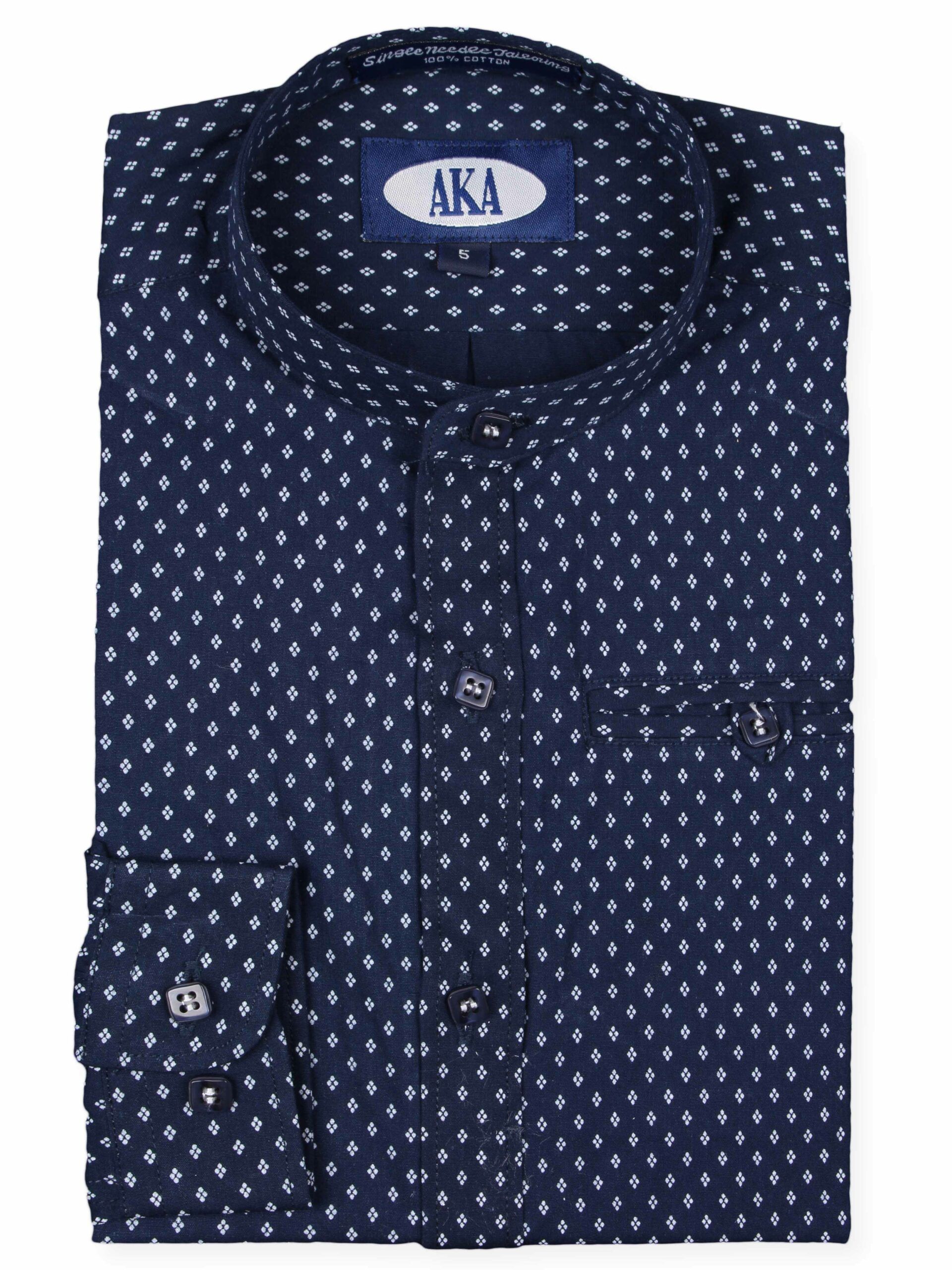 AKA Boy's Classic-Fit 100%-Cotton Long-Sleeve Mandarin-Collar Navy Dress Shirt.