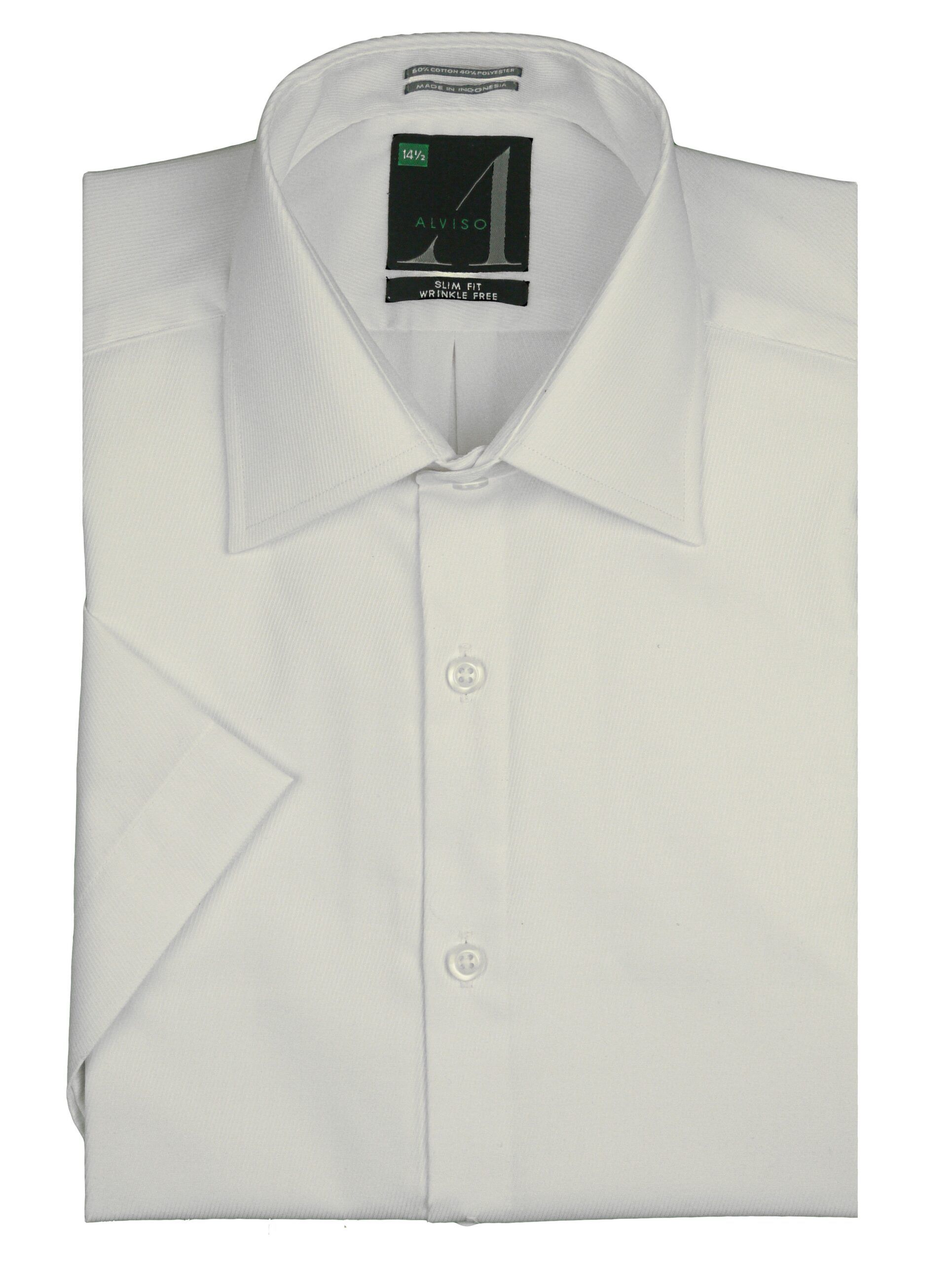 ALVISO Men's White Textured Slim Fit Cotton Blend Short Sleeve Dress Shirt