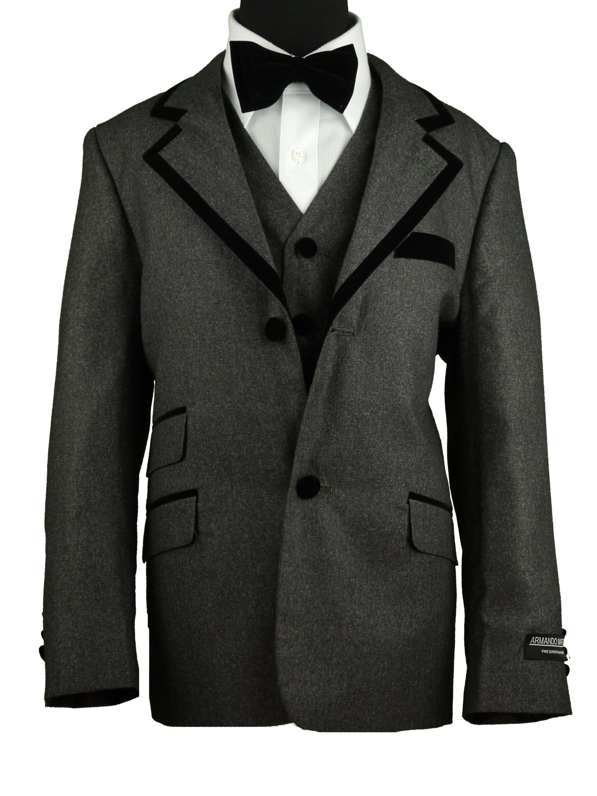 ARMANDO MARTILLO Boys Classic Fit Grey Black Velvet Suit