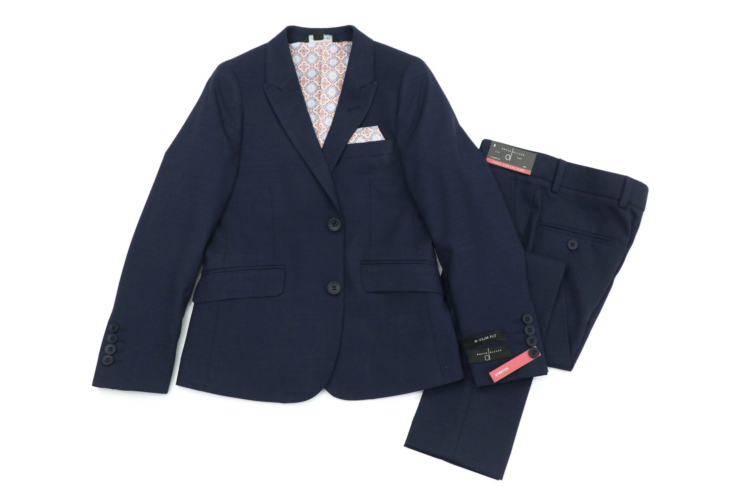DAVID OLIVER COLE BOYS X-SLIM FIT STRETCH BLEND NAVY DESIGN SUIT