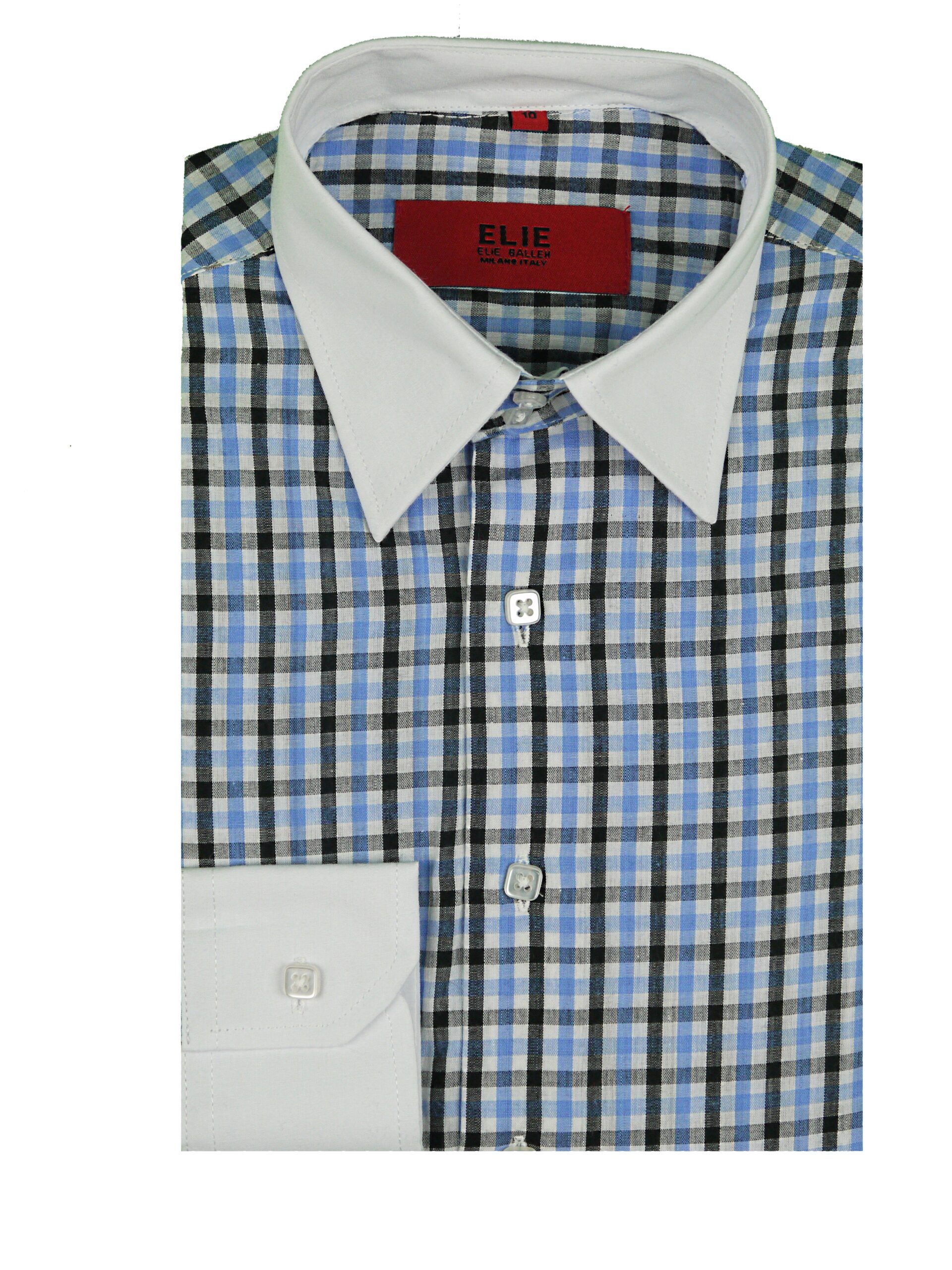 ELIE Boys Blue Check Cotton Blend Slim Fit Long Sleeve Dress Shirt