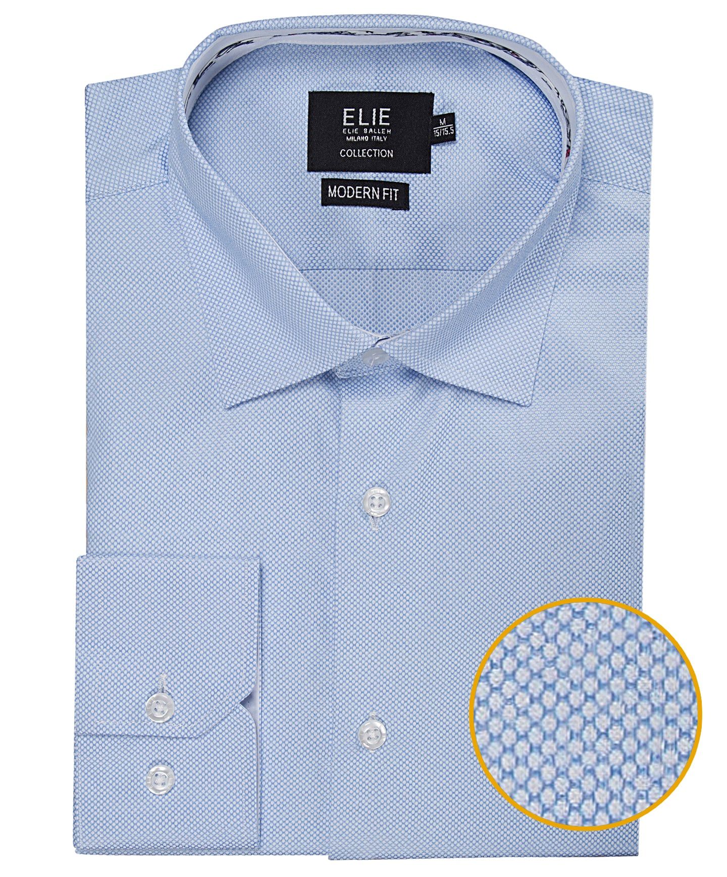 ELIE Men Modern Fit Long Sleeve Wrinkle Free Birdseye Dress Shirt - blue