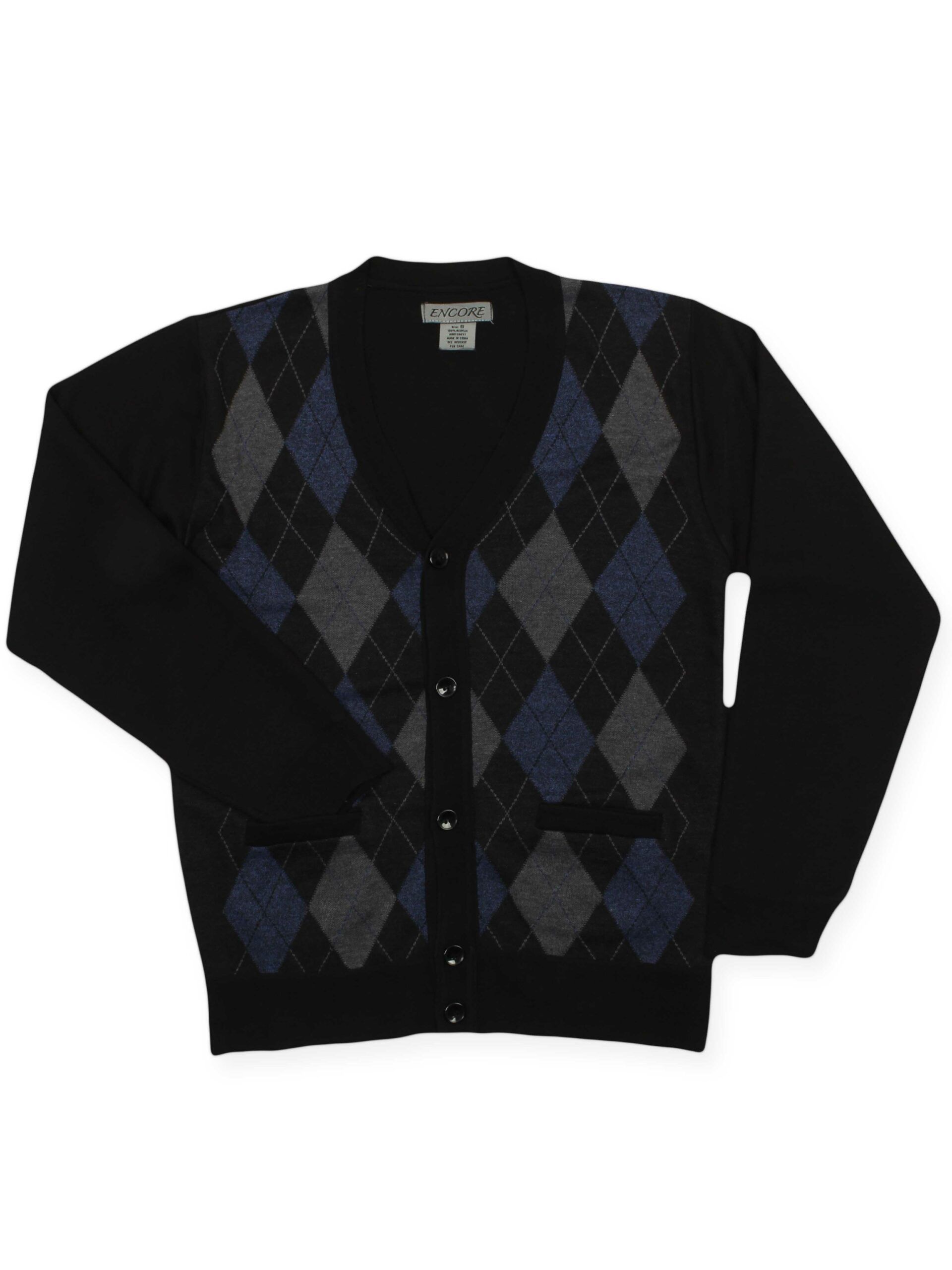 Encore Man's V-Neck Button-Closure BlackBlue-Diamond Acrylic Cardigen. bc-110005