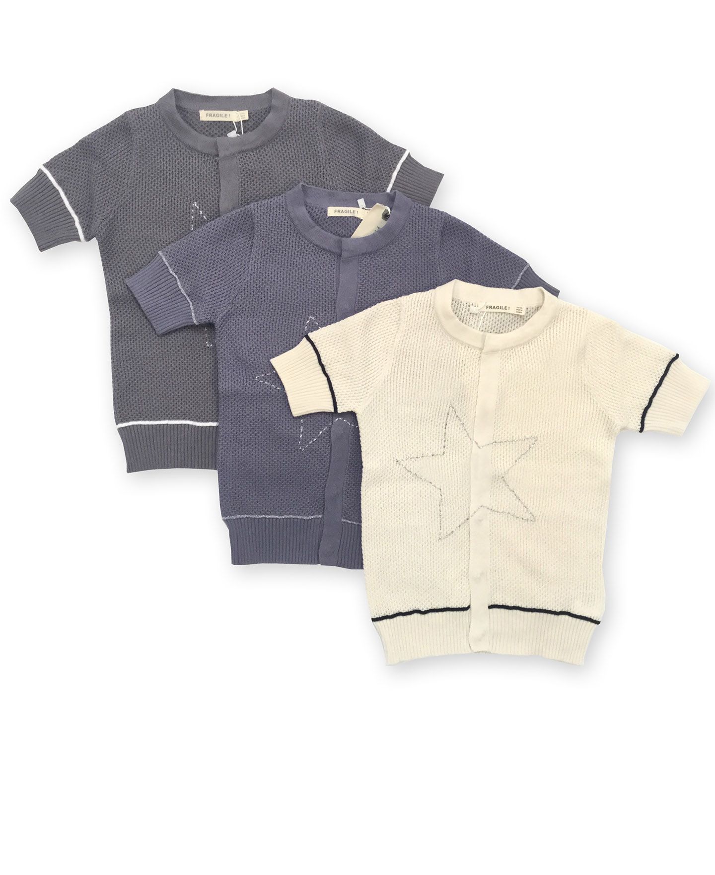 FRAGILE Boys Short Sleeve 100% Cotton Knit Embroidered Star Cardigan 3 - Colors