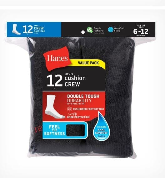 HANES MENS DOUBLE TOUGH CUSHION CREW SOCKS 12-PACK