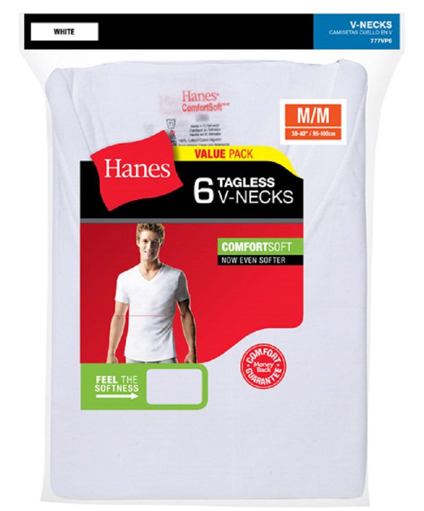 HANES Mens White V-neck Undershirt 6 - Pack 100% Cotton - 777VP6