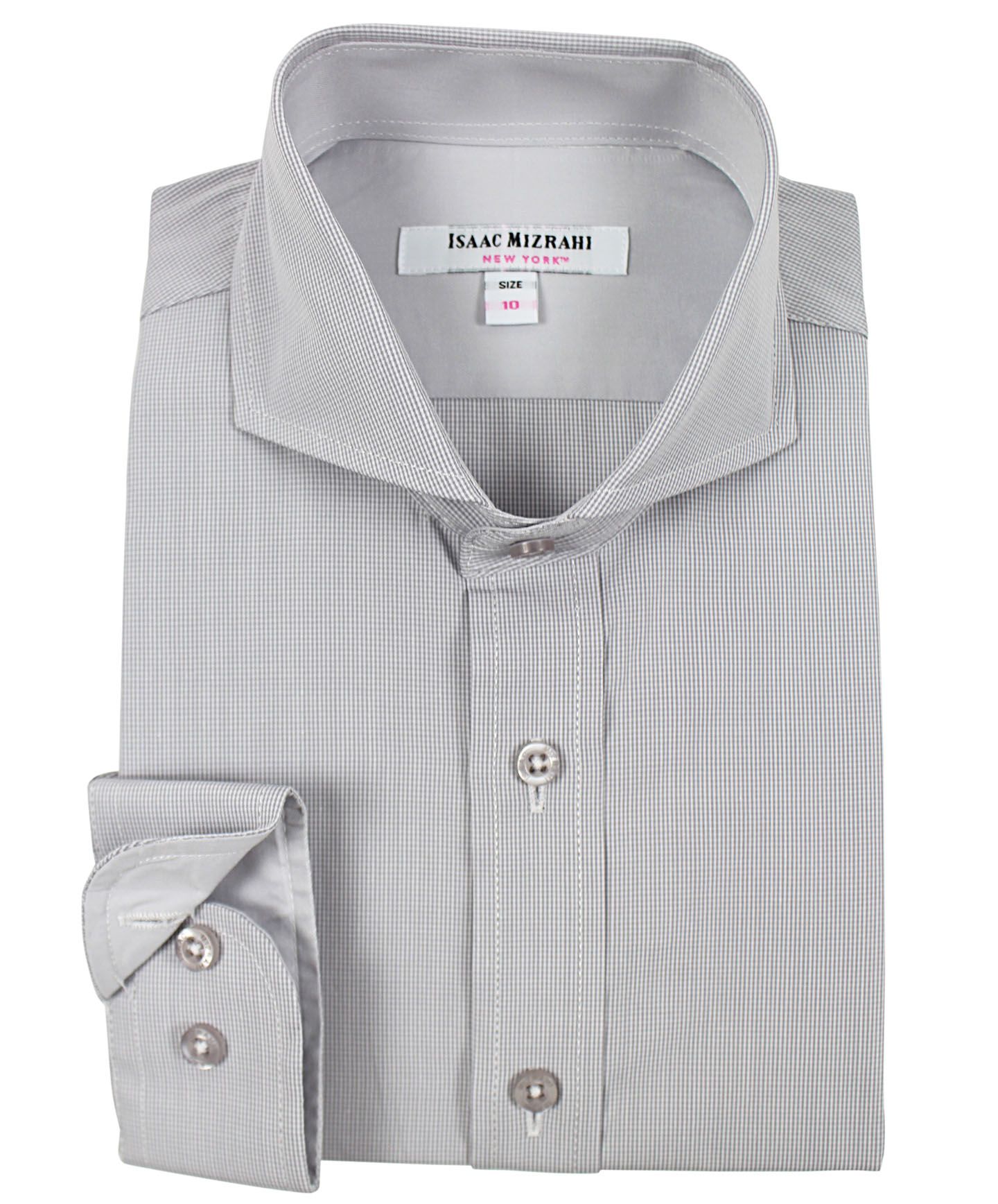 ISAAC MIZRAHI Boys Classic Fit Grey Micro Gingham Long Sleeve Dress Shirt