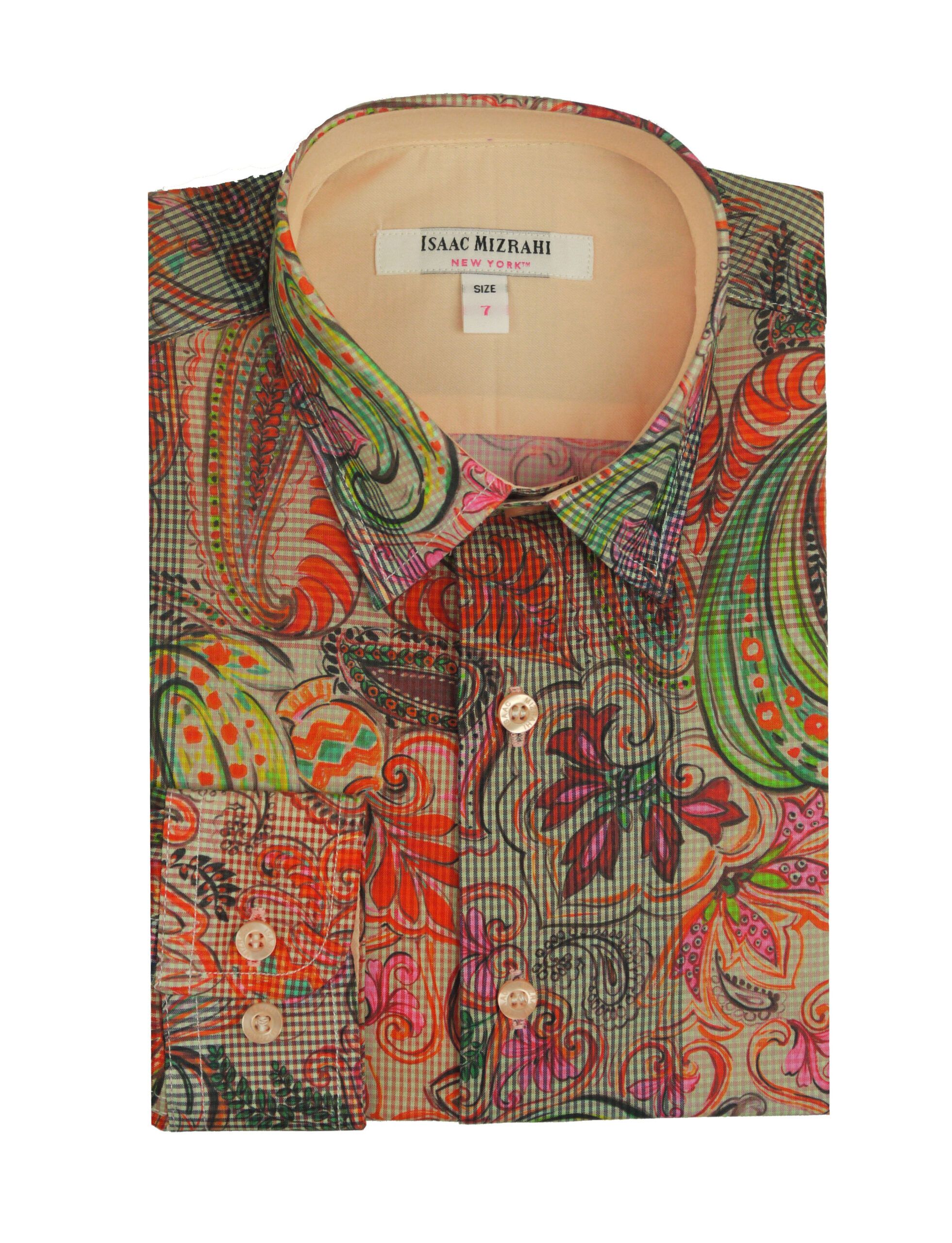 ISAAC MIZRAHI Boys Orange & Brown Botonical Print Long Sleeve Dress Shirt