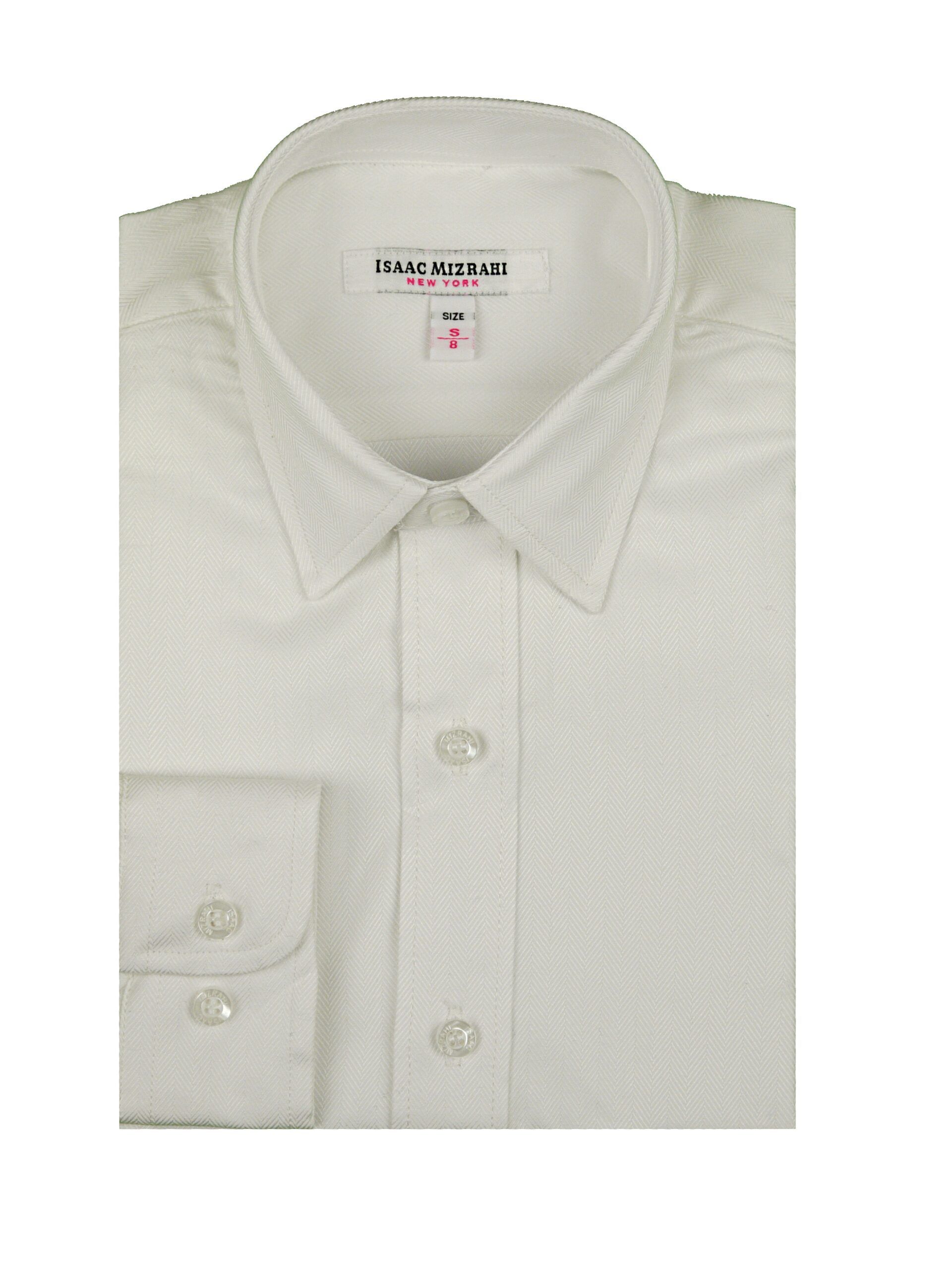 ISAAC MIZRAHI Boys White Herringbone 60% Cotton 40% Poly Long Sleeve Dress Shirt