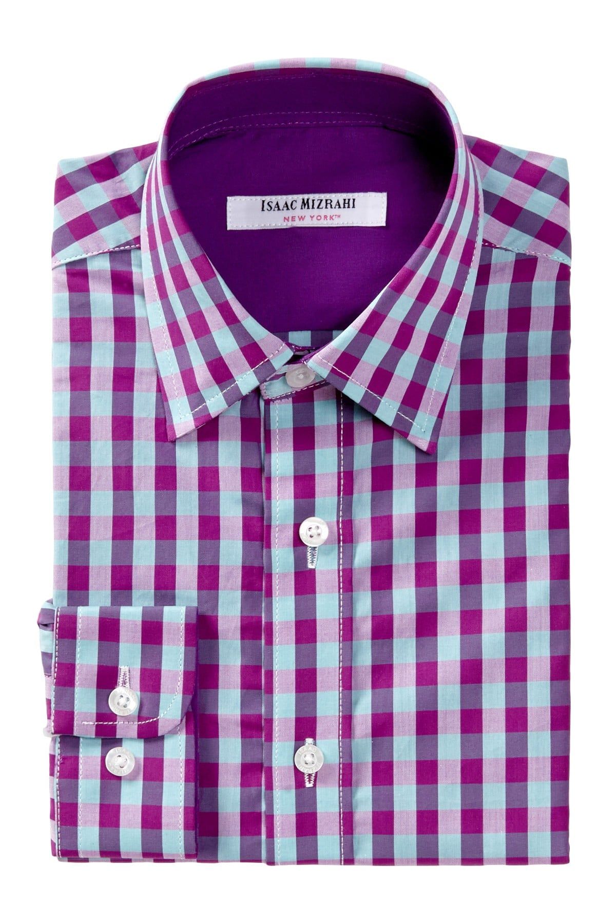 ISAAC MIZRAHI Boys Wine Lavender And Blue Check Long Sleeve Cotton Dress Shirt