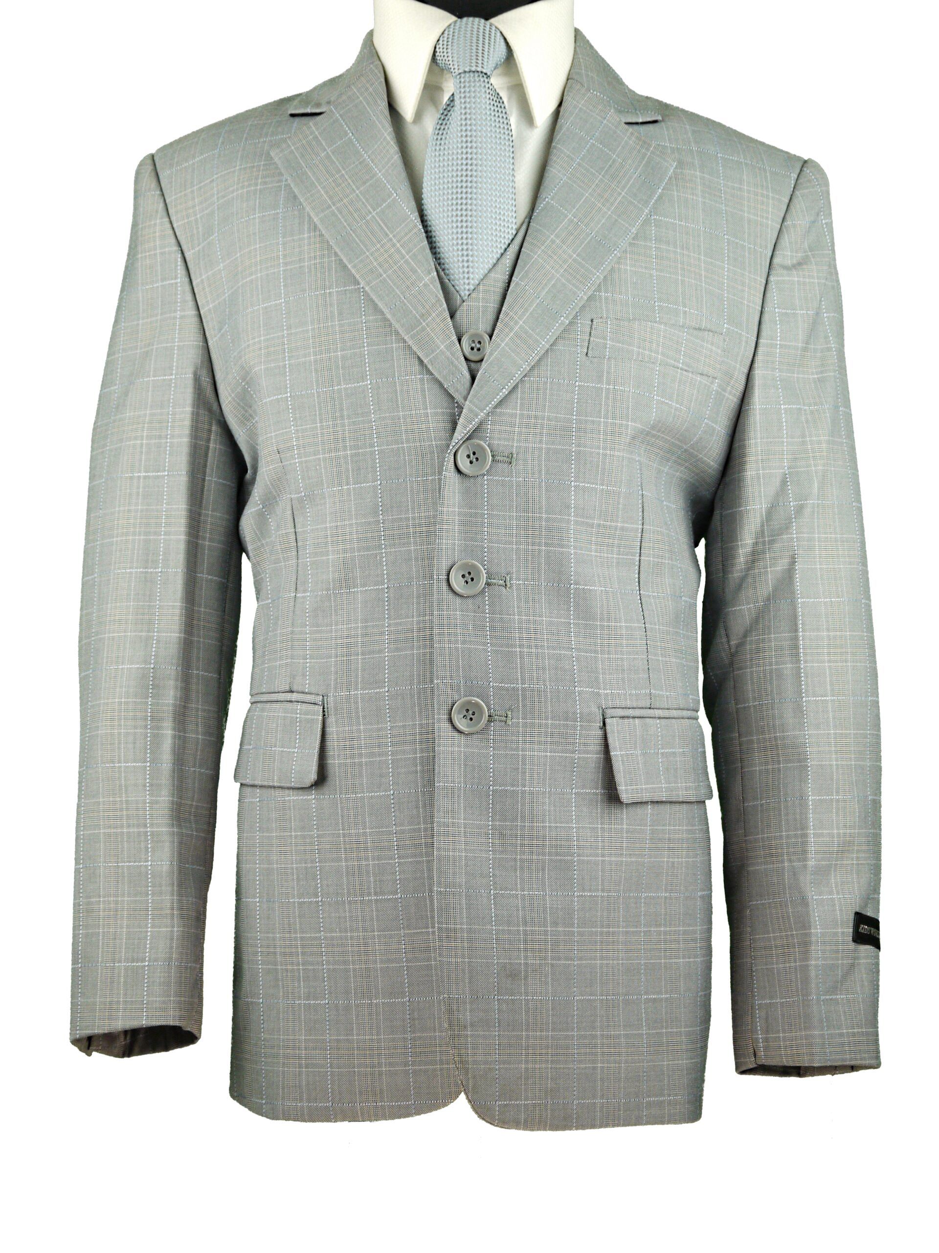 KIDS WORLD Boys Classic Fit Grey Check Suit - 5 piece - Pleated Pants