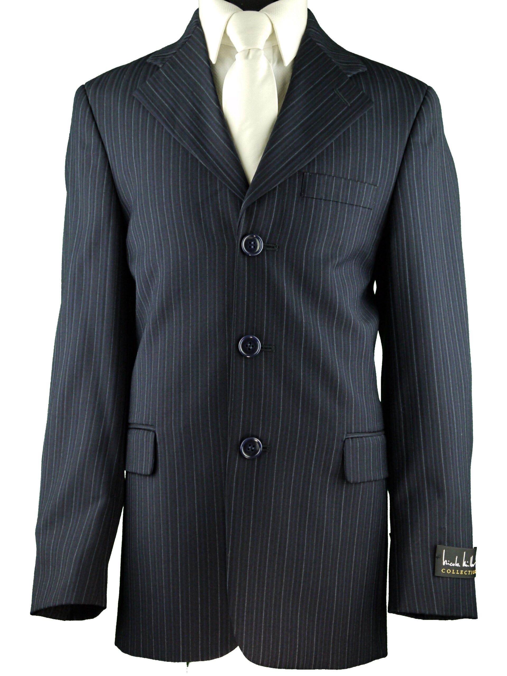 NICOLE MILLER Boys Slim Fit Navy Pinstripe Suit - Pleated Pants