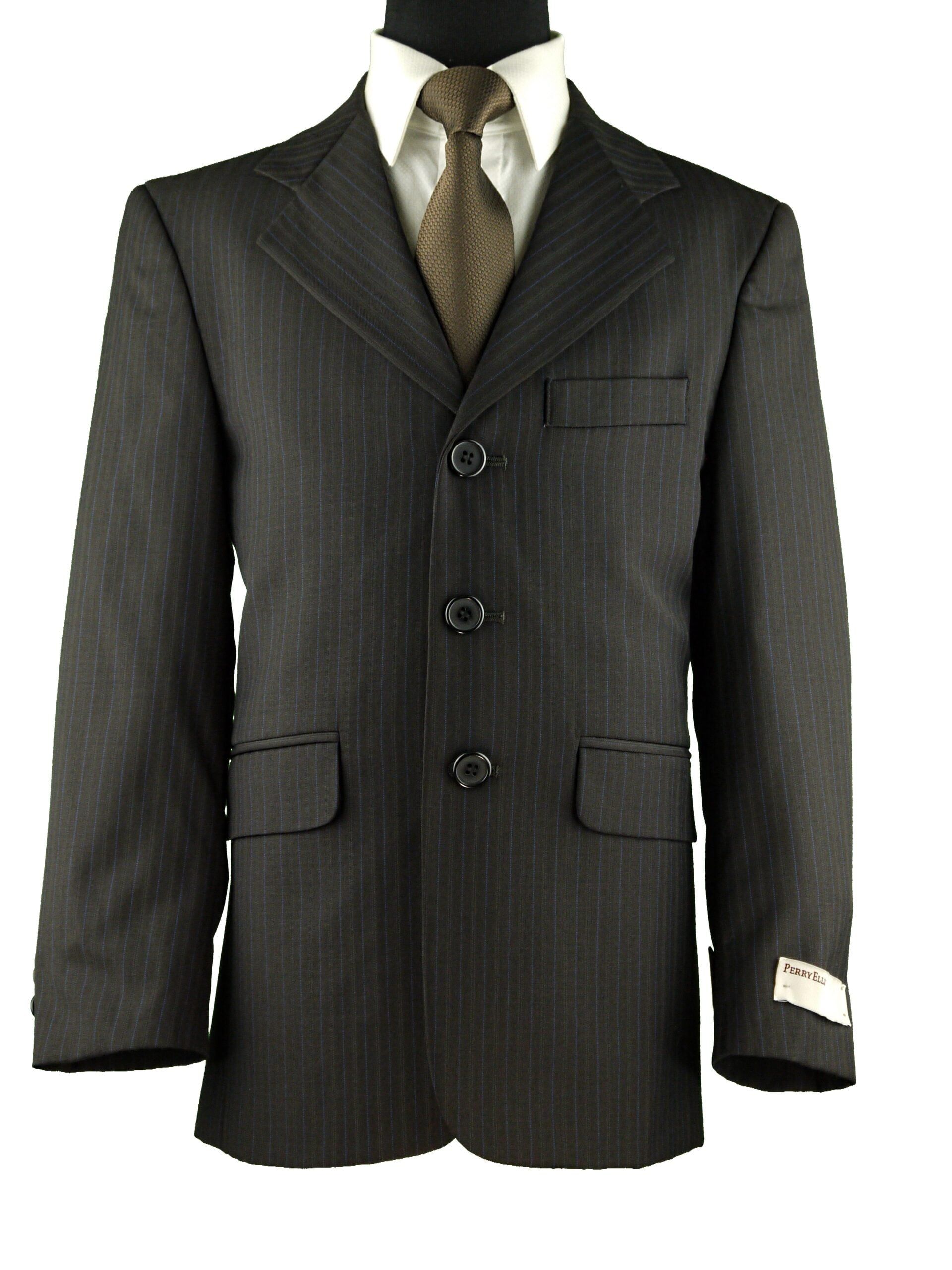 PERRY ELLIS Boys Classic Fit 100% Wool Brown Stripe Suit - Pleated Pants