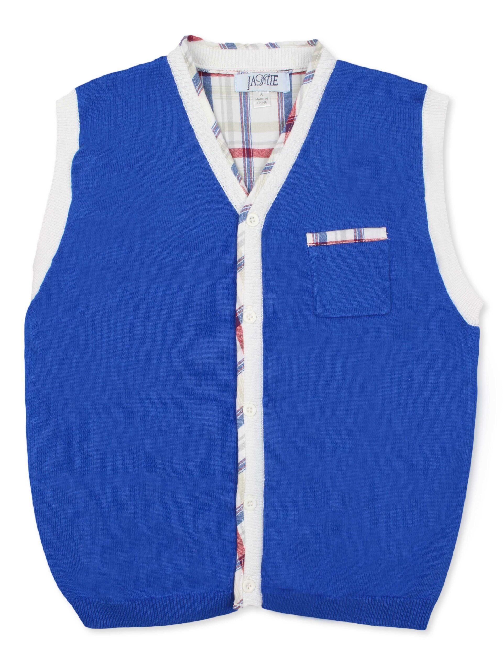 ROSE BLUE Boy's Button Down, Blue Per Plaid 100% Cotton Knit Cardivest 50034