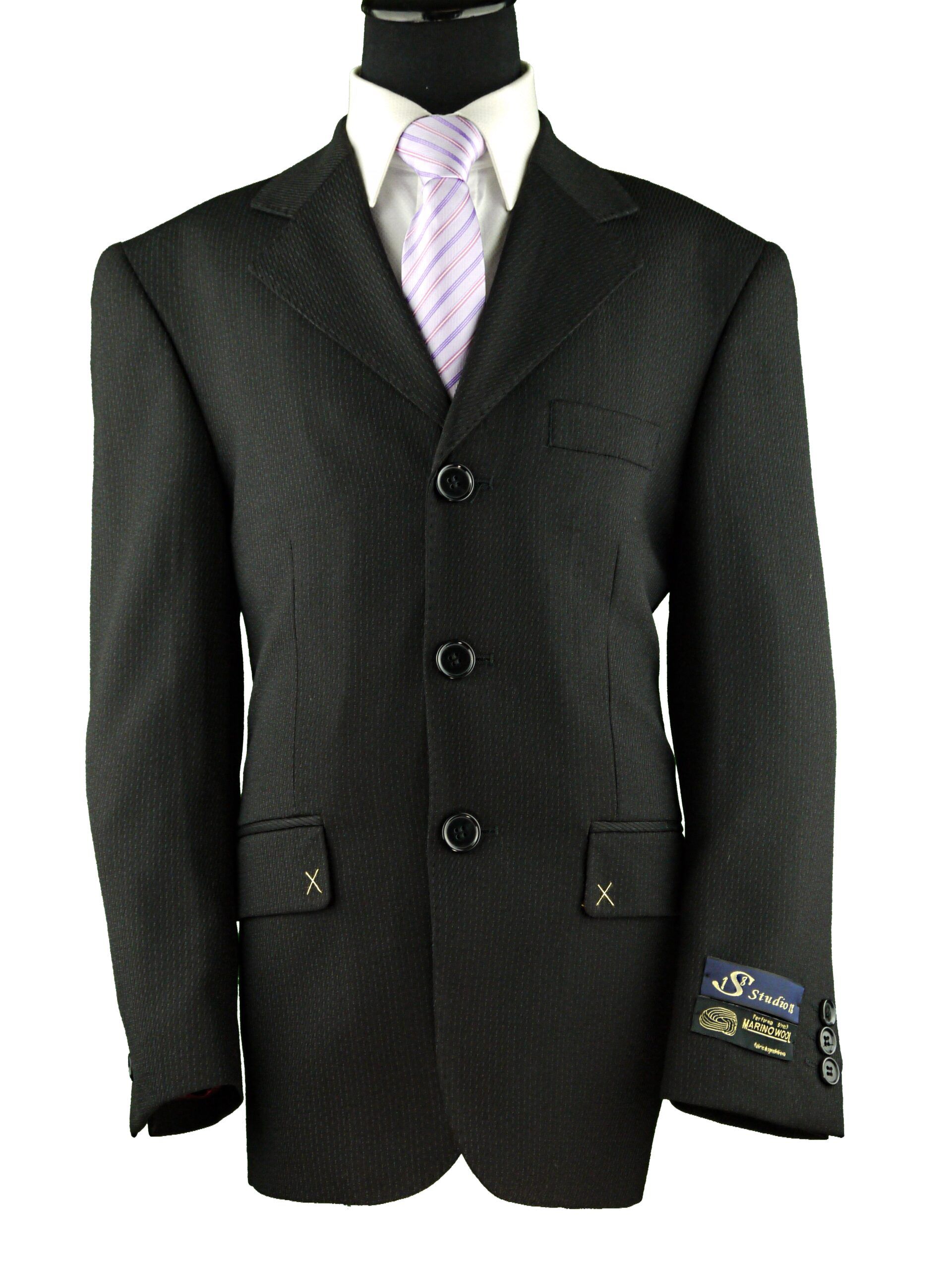 STUDIO 18 Boys Classic Fit 100% Wool Black Pinstripe Suit - Pleated Pants BLK