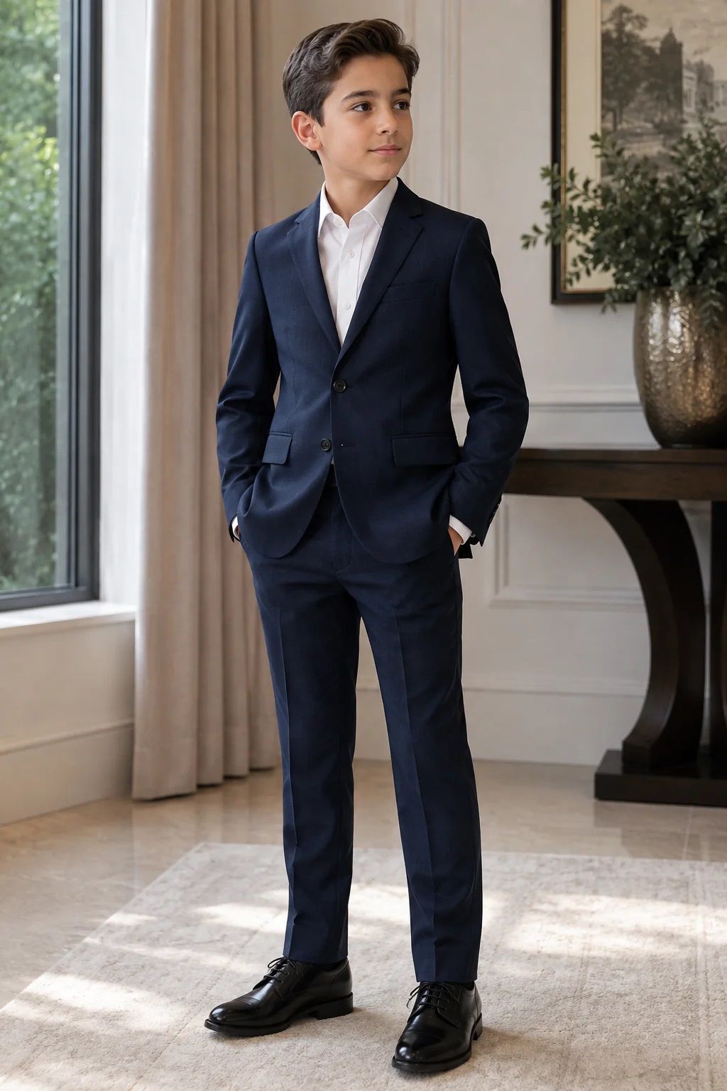T.O. CENTRION MENS SLIM FIT WOOL FASHION SUIT - DEEP NAVY MICRO HERRINGBONE - Image 2