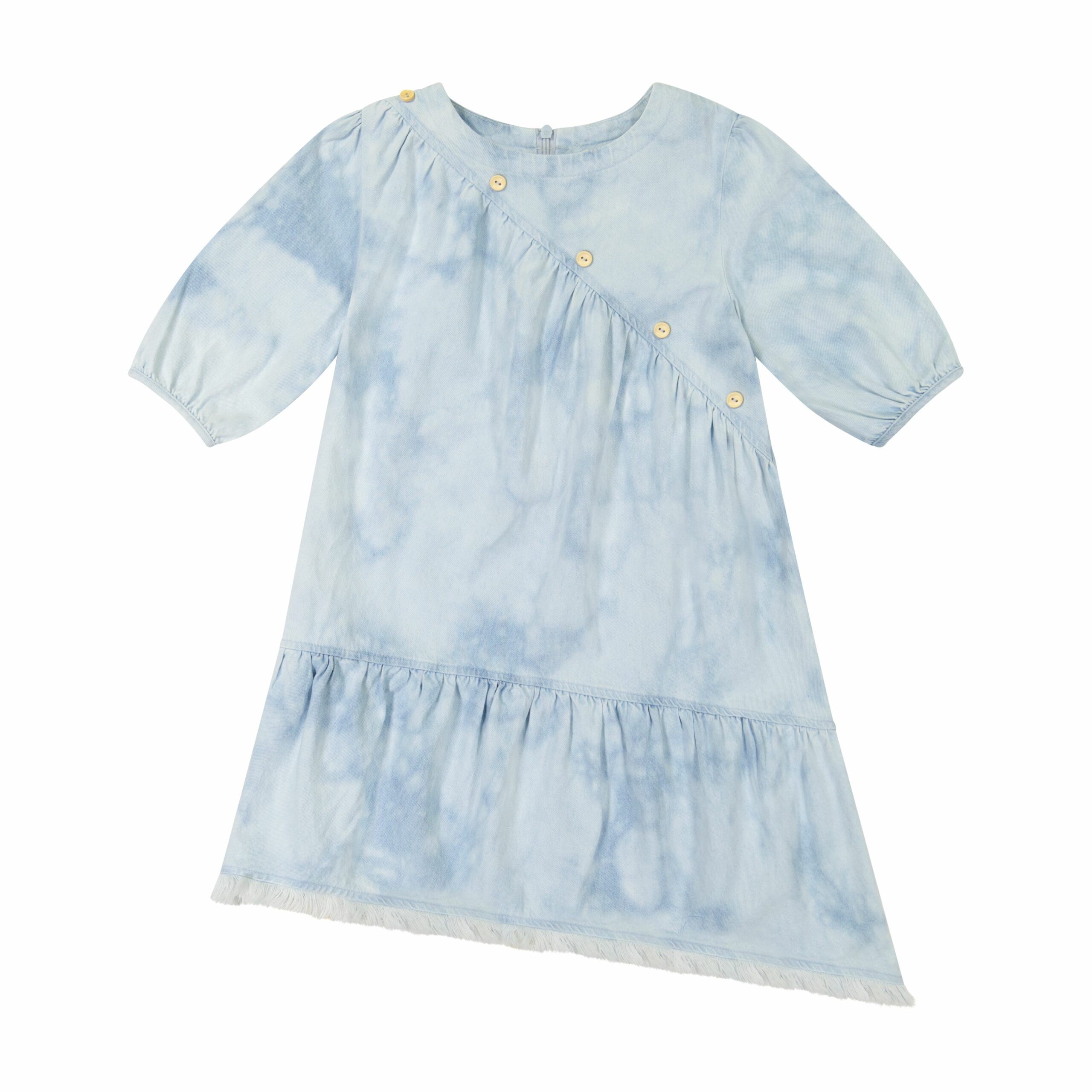 TEELA GIRL DENIM ACID WASH PUFF SLEEVE ANGLE DRESS WITH BUTON DETAIL -  Boytique %