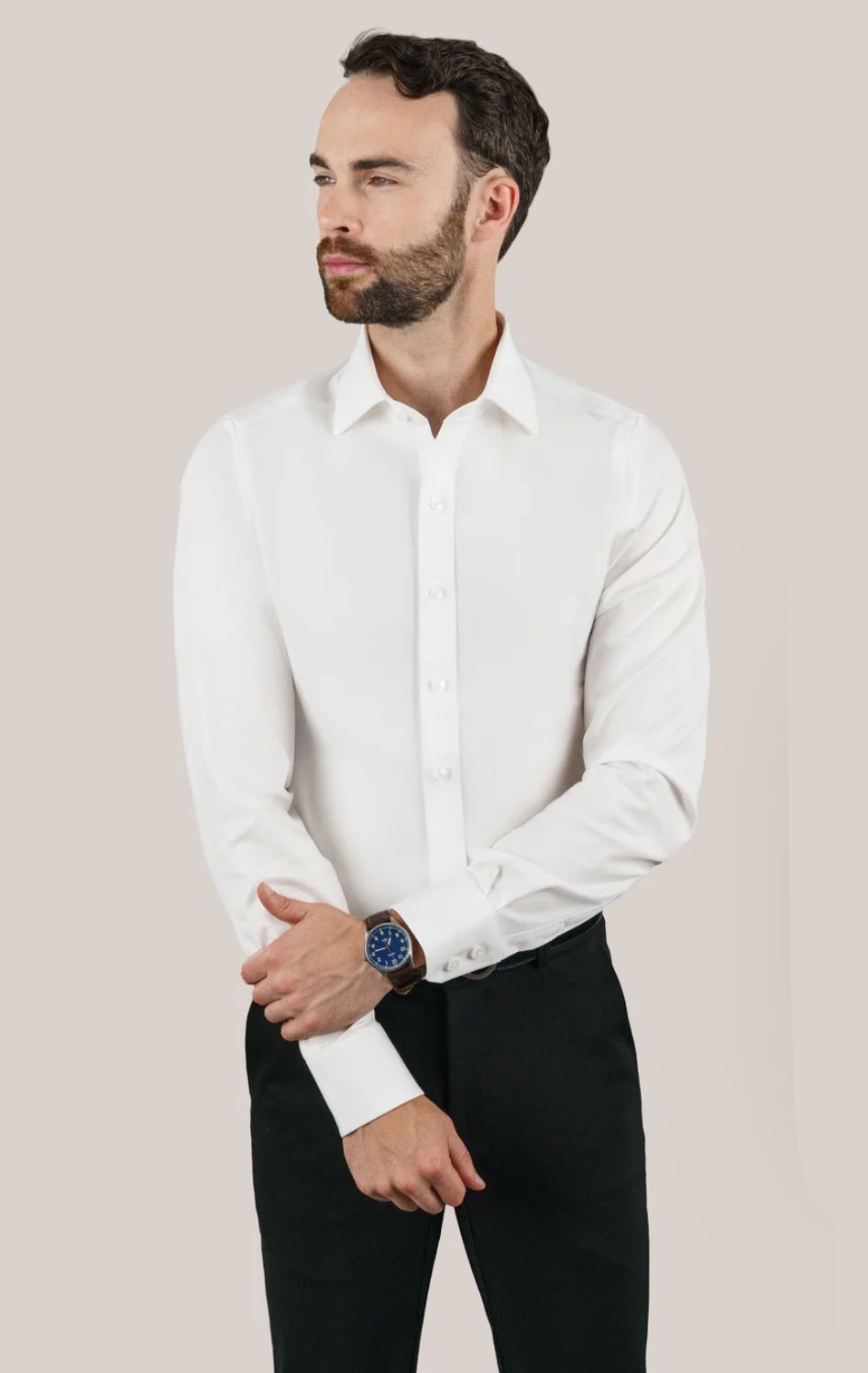TO MENS STRETCH CLLASSIC FIT LONG SLEEVE SOLID WHITE COTTON BLEND DRESS SHIRT - Image 2