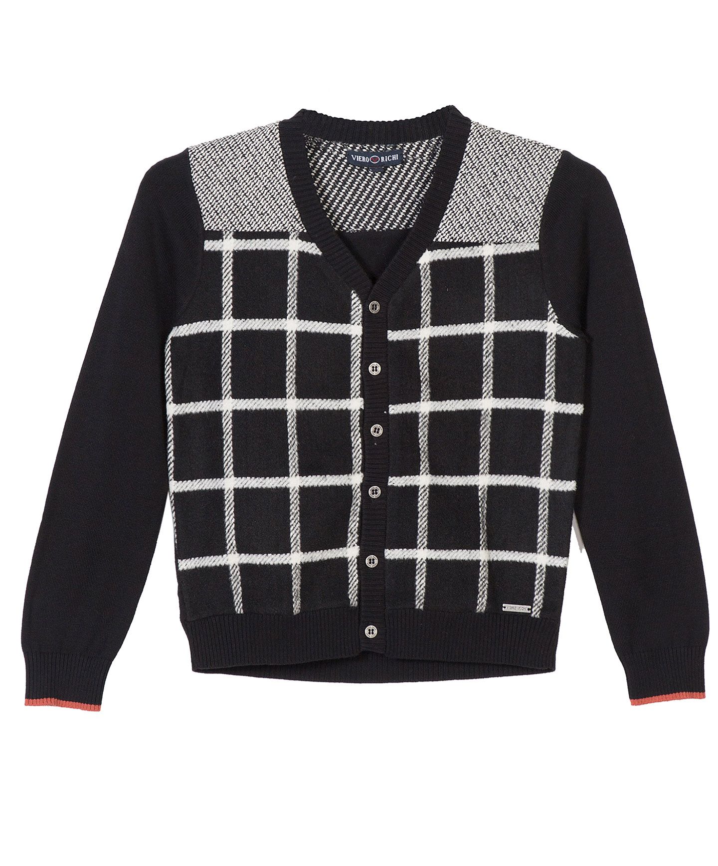 VIERO RICHI Boys 100% Cotton Black With Grey Cardigan Knit Sweater 2370
