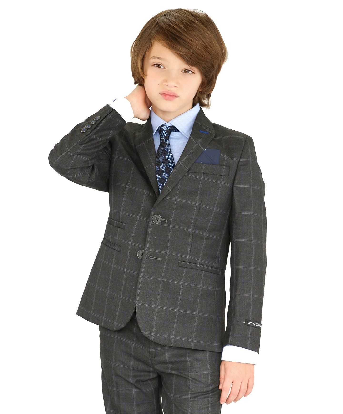 LEO & ZACHARY Boys Slim Fit Microfiber Blend Plaid Design Suit - LZ493  LZ893 - charcoal / 2-3