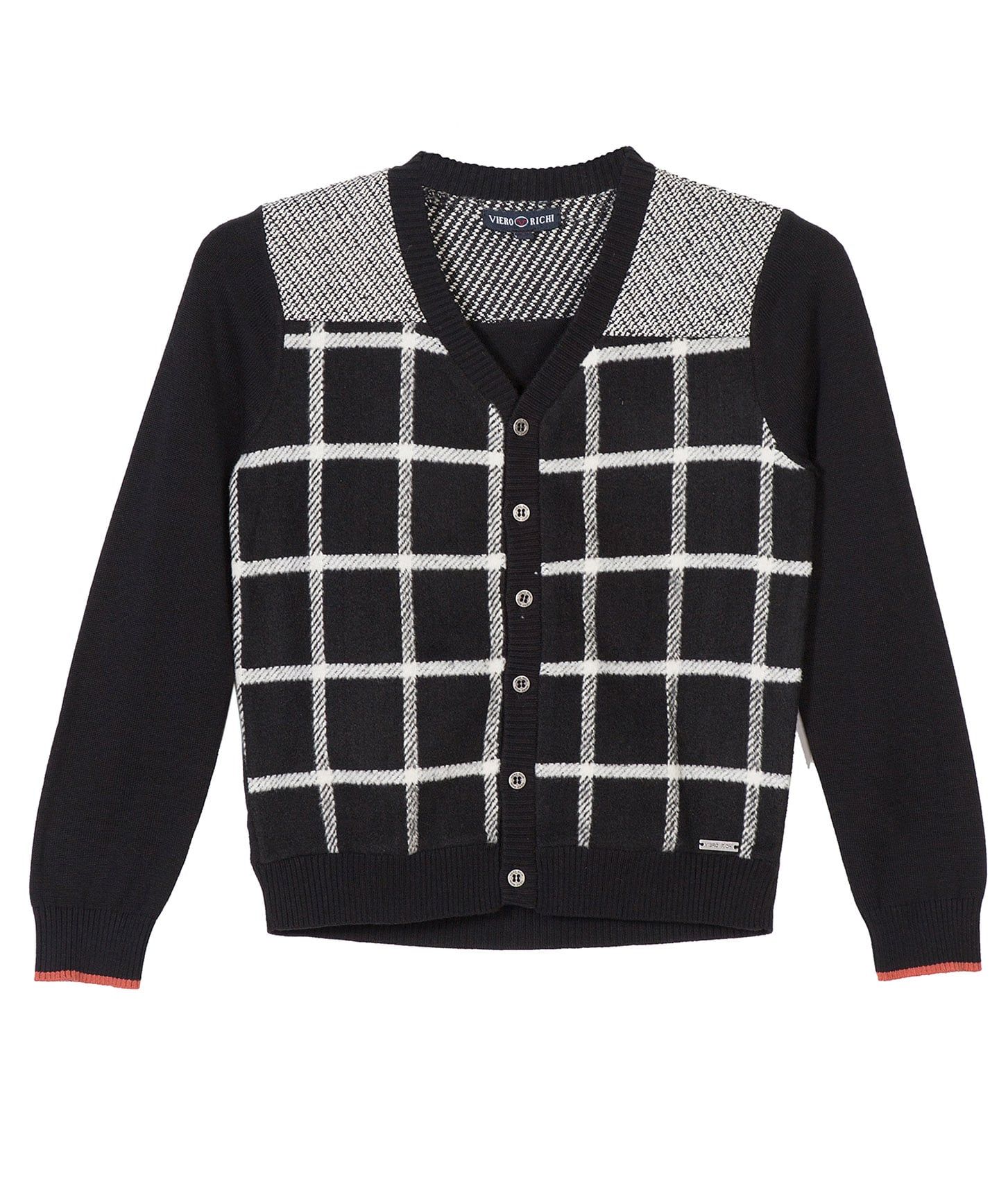 VIERO RICHI Boys 100% Cotton Black With Grey Cardigan Knit Sweater