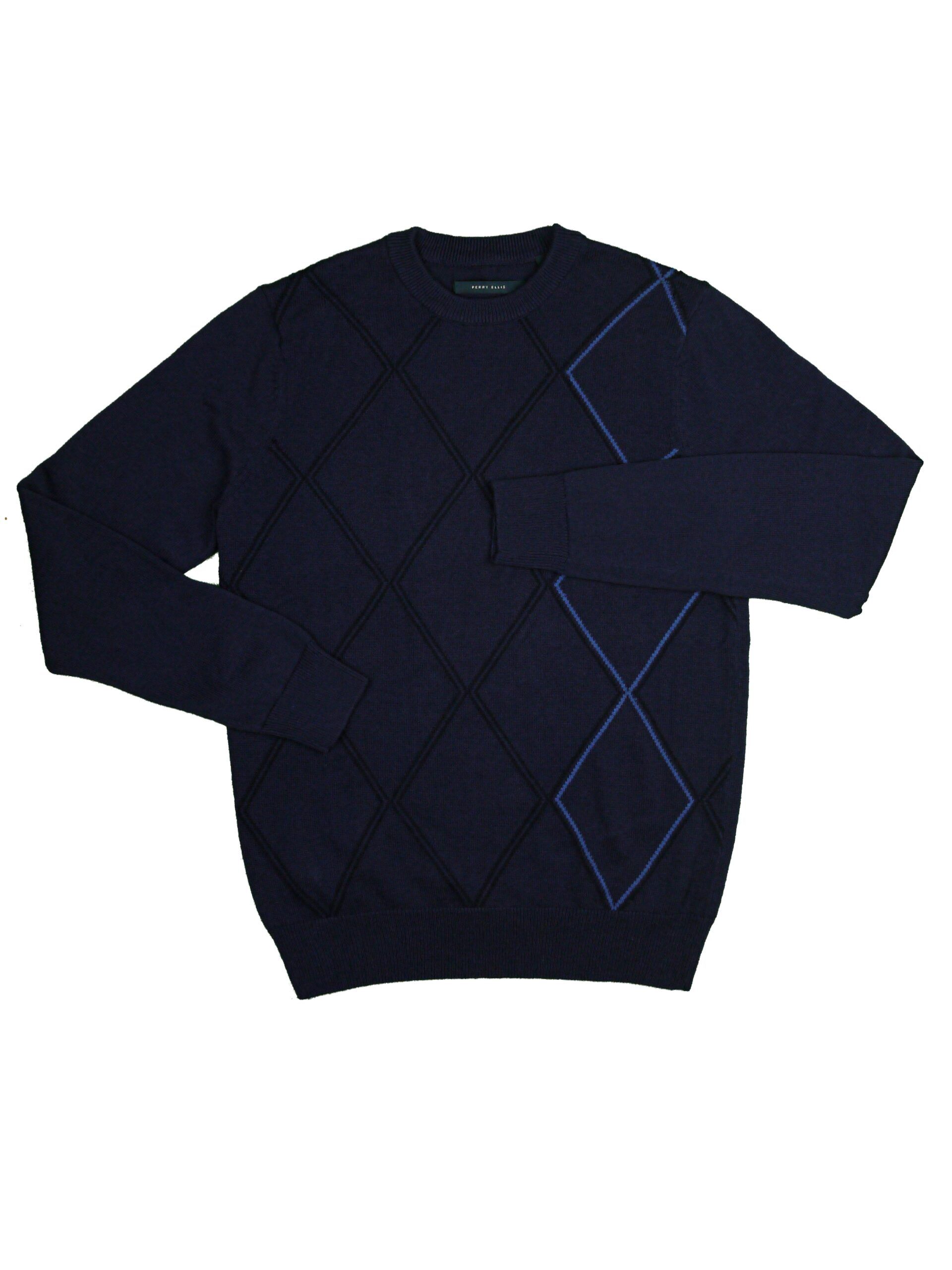 PERRY ELLIS Mens Navy Argyle Round Neck Sweate Boytique
