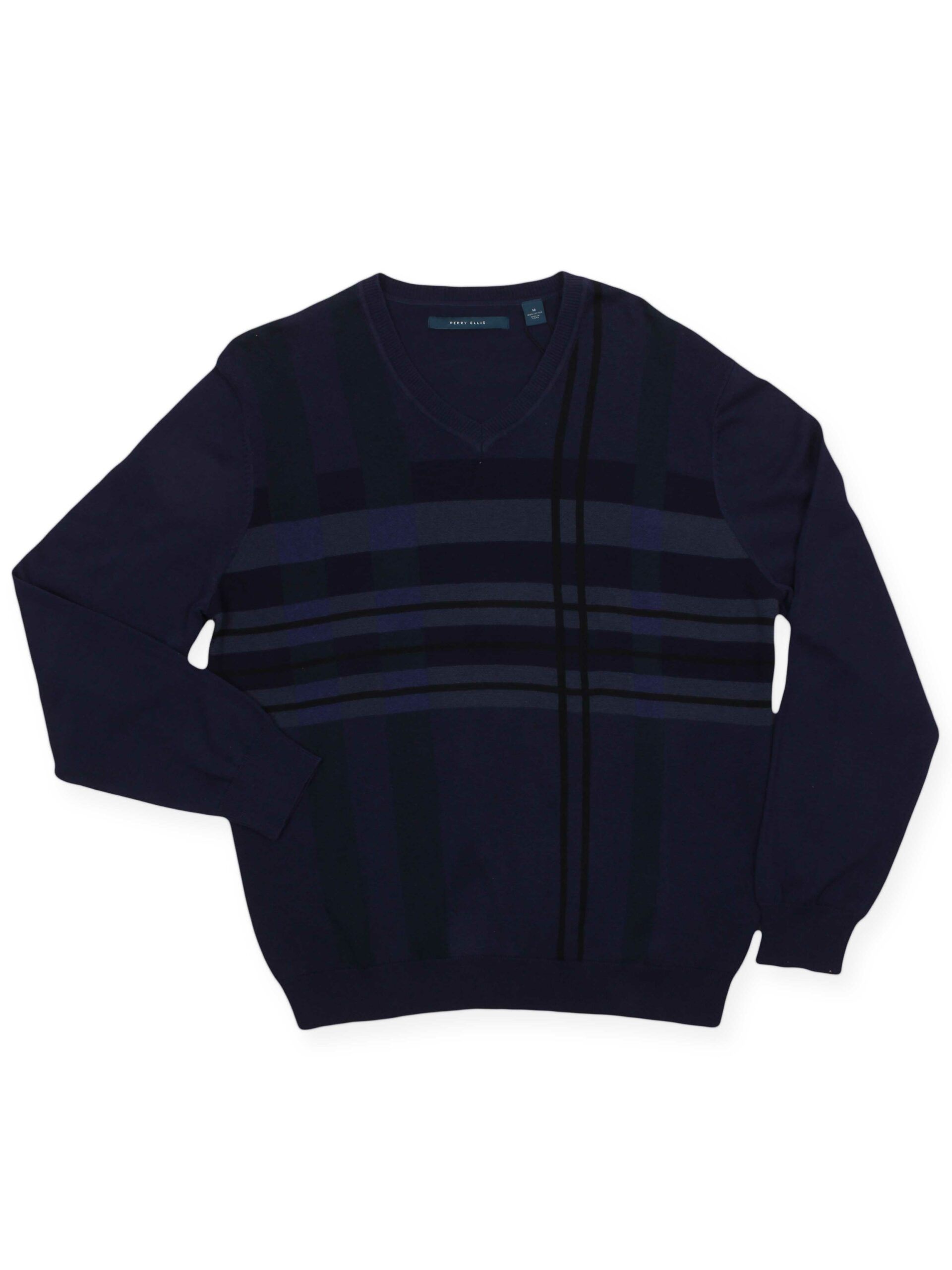 PERRY ELLIS Mens Navy Stripe V Neck Sweater Boytique