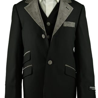 ARMANDO MARTILLO Boys Black 3 Piece Fancy Suit with Contrast Lapel & Bow