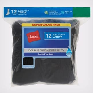 HANES BOYS DOUBLE TOUGH CUSHION CREW SOCKS 12-PAIRS