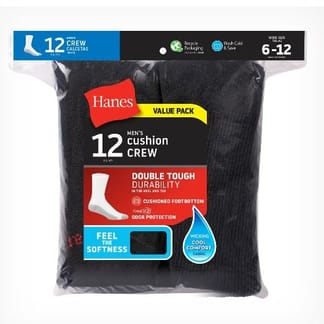 HANES MENS DOUBLE TOUGH CUSHION CREW SOCKS 12-PACK