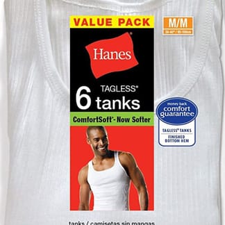 HANES Mens Sleeve less White Undershirt 6 Pack 100% Cotton - 372AP6