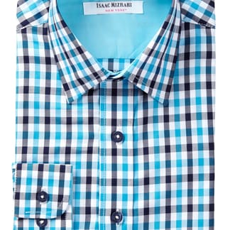 ISAAC MIZRAHI Boys Navy Turquoise & White Plaid Long Sleeve Cotton Dress Shirt